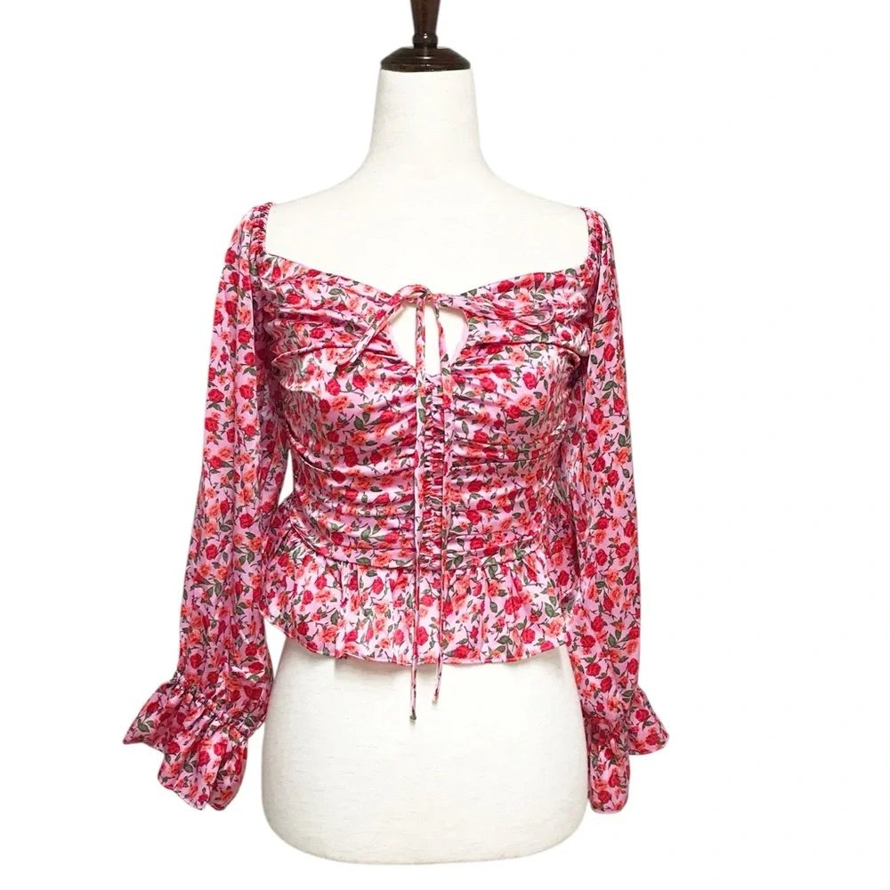 WAYF Pink Rose Floral Sweetheart Ruched Peplum‎ Top Cottagecore Coquette Small - Picture 3 of 9